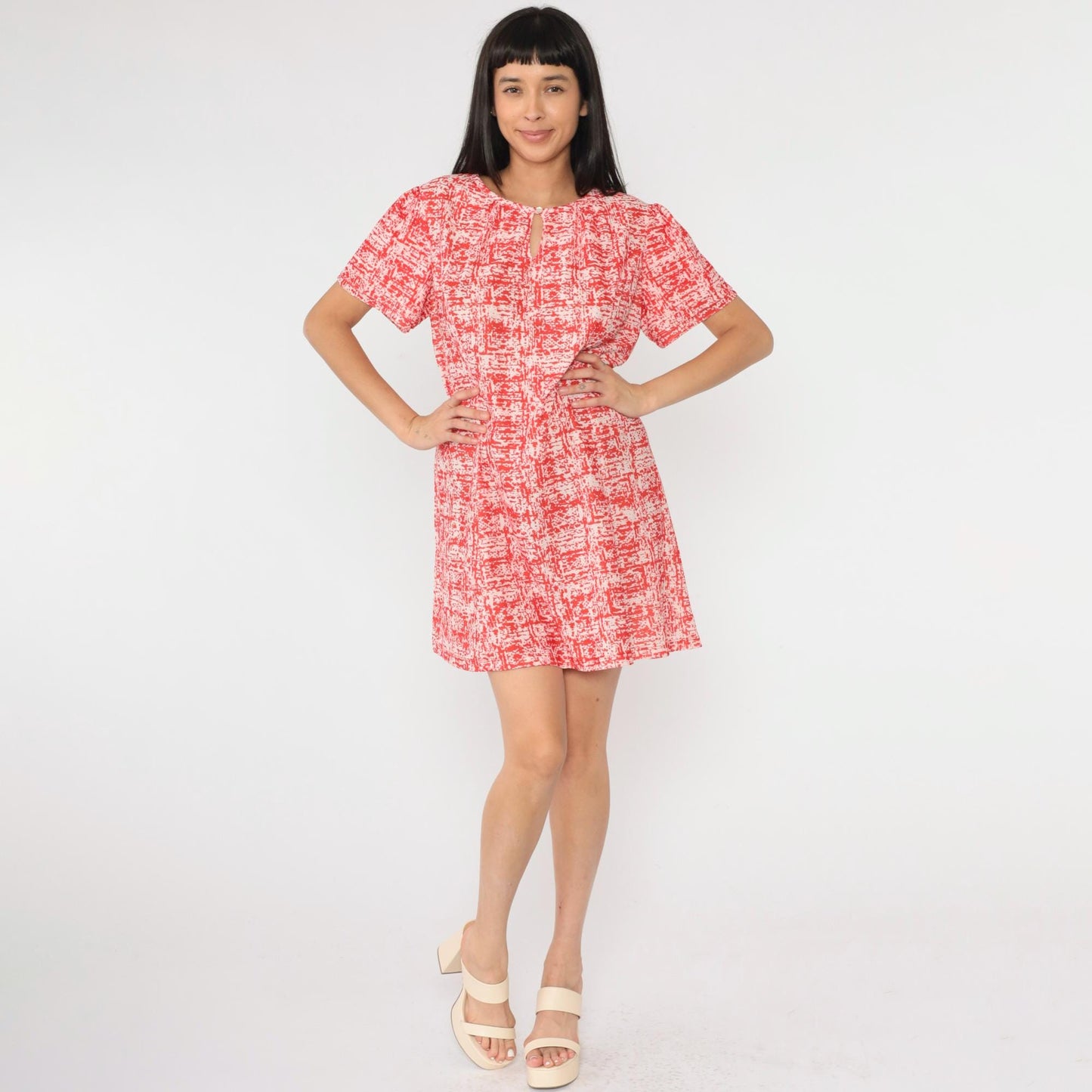 70s Abstract Red Mini Dress Puff Sleeve A-Line Shift Extra Large