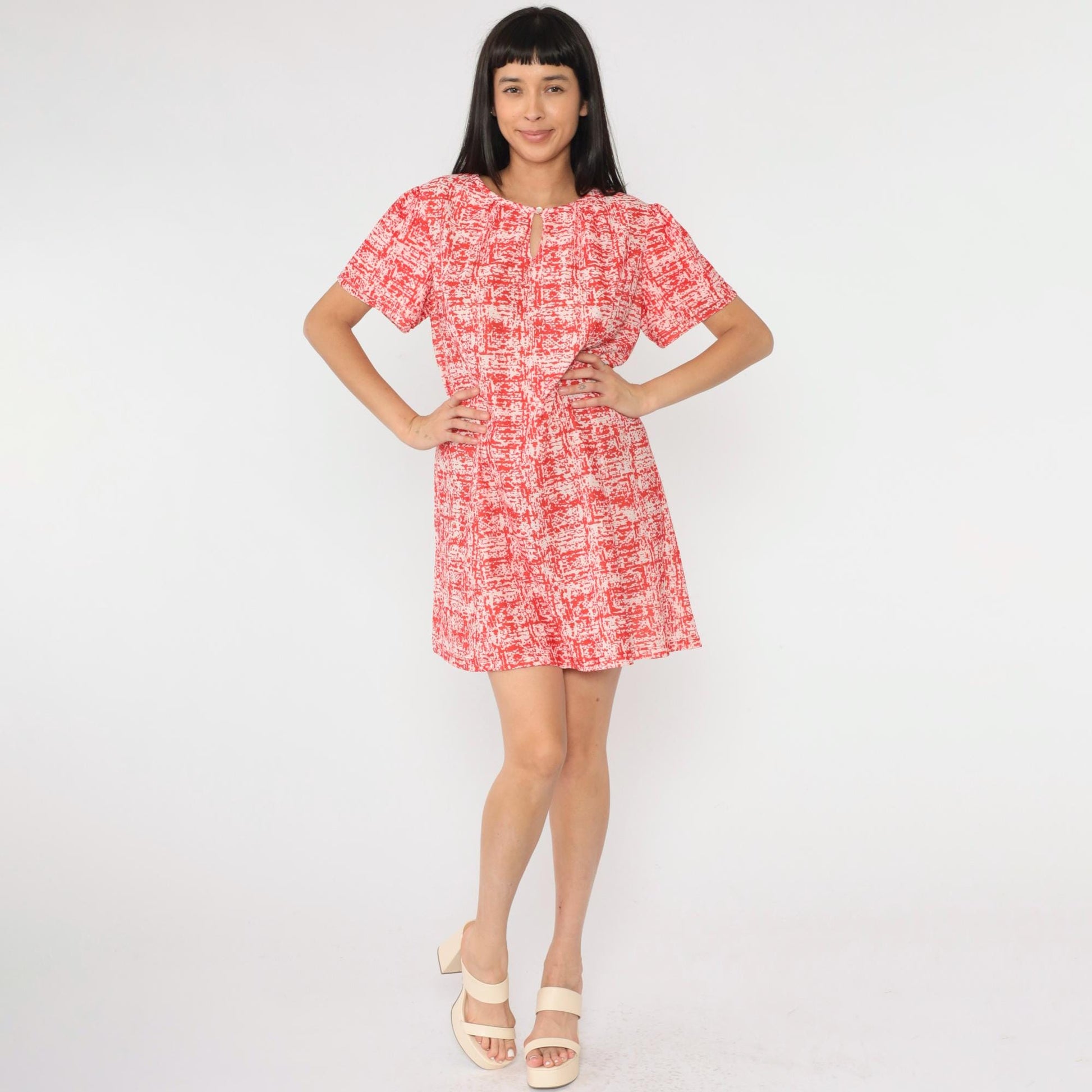 70s Abstract Red Mini Dress Puff Sleeve A-Line Shift Extra Large