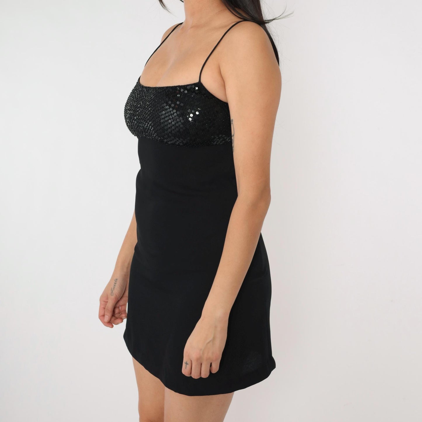 90s Ellen Tracy Black Sequin Mini Dress Spaghetti Strap Empire Waist Extra Small