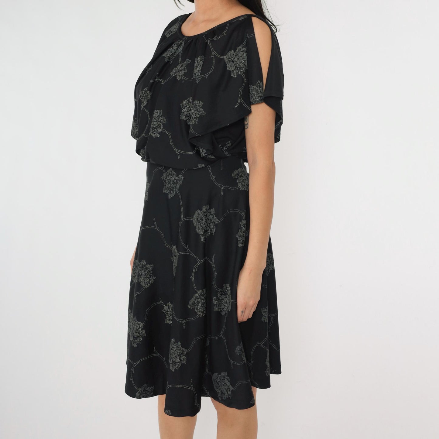 70s Black Floral Midi Dress High Waist Flutter Sleeve Small