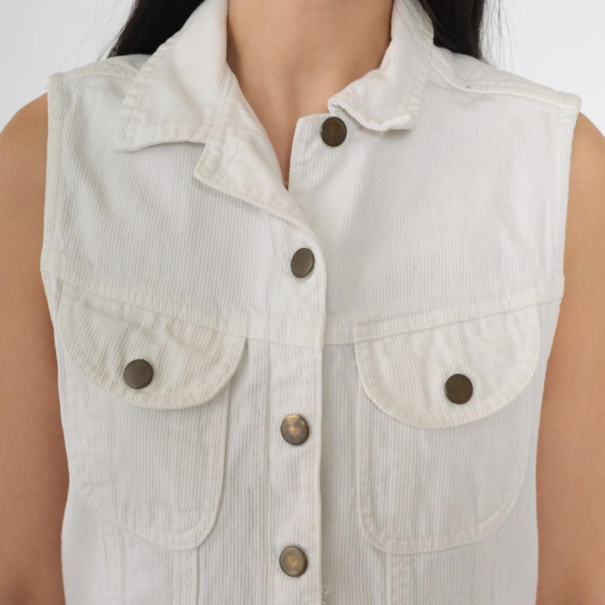 90s White Corduroy Vest Cropped Button-Up Utility Pockets Small