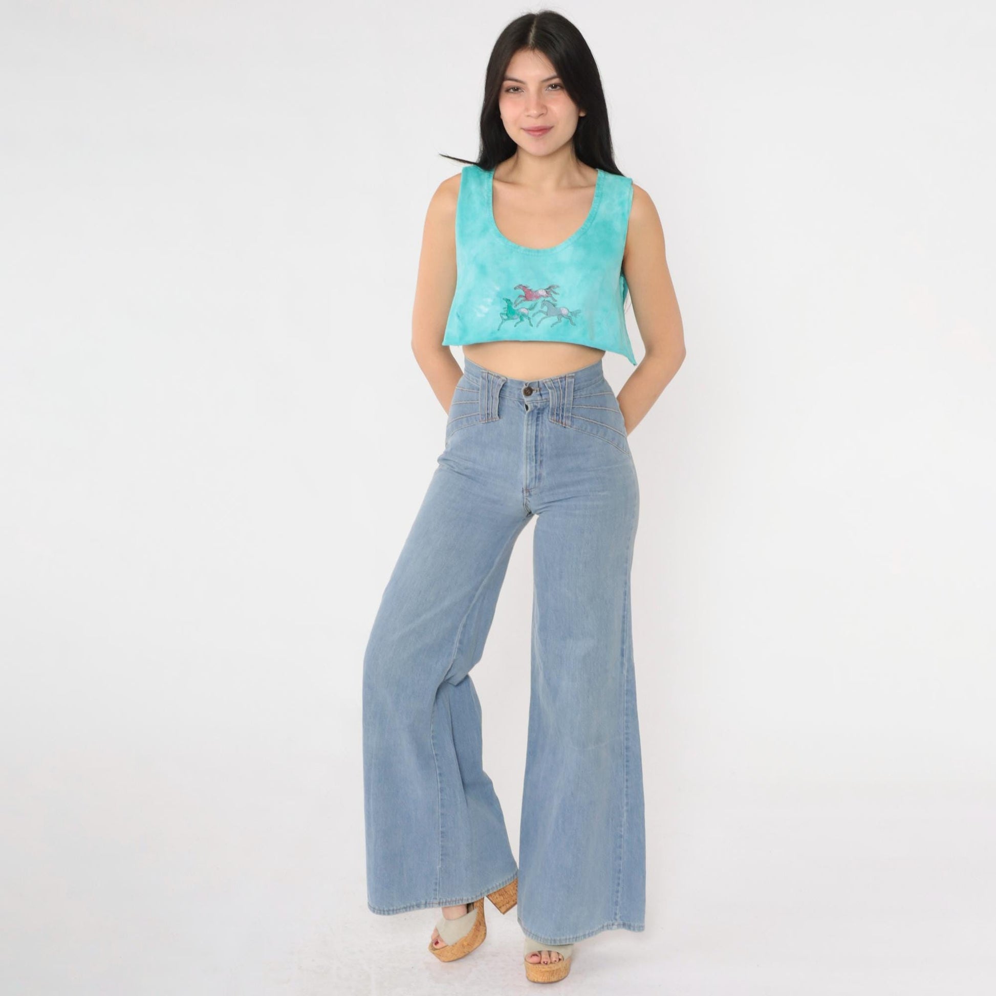 90s Horse Tie Dye Crop Tank Top Turquoise Scoop Neck Small Medium