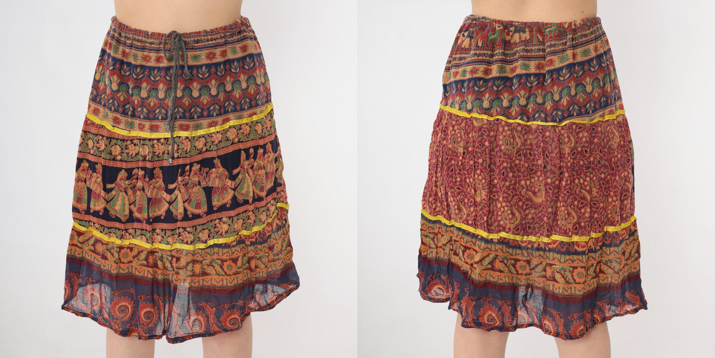 90s Broomstick Skirt Indian Dancer Floral Print Knee-Length Red Blue Small Medium