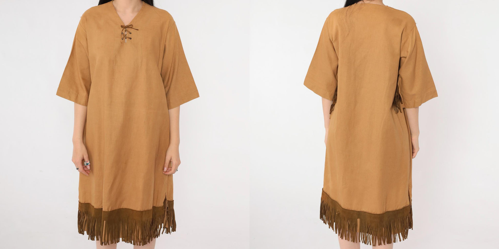 70s Tan Suede Fringe Tunic Dress Lace-Up Neckline Knee Length Medium M