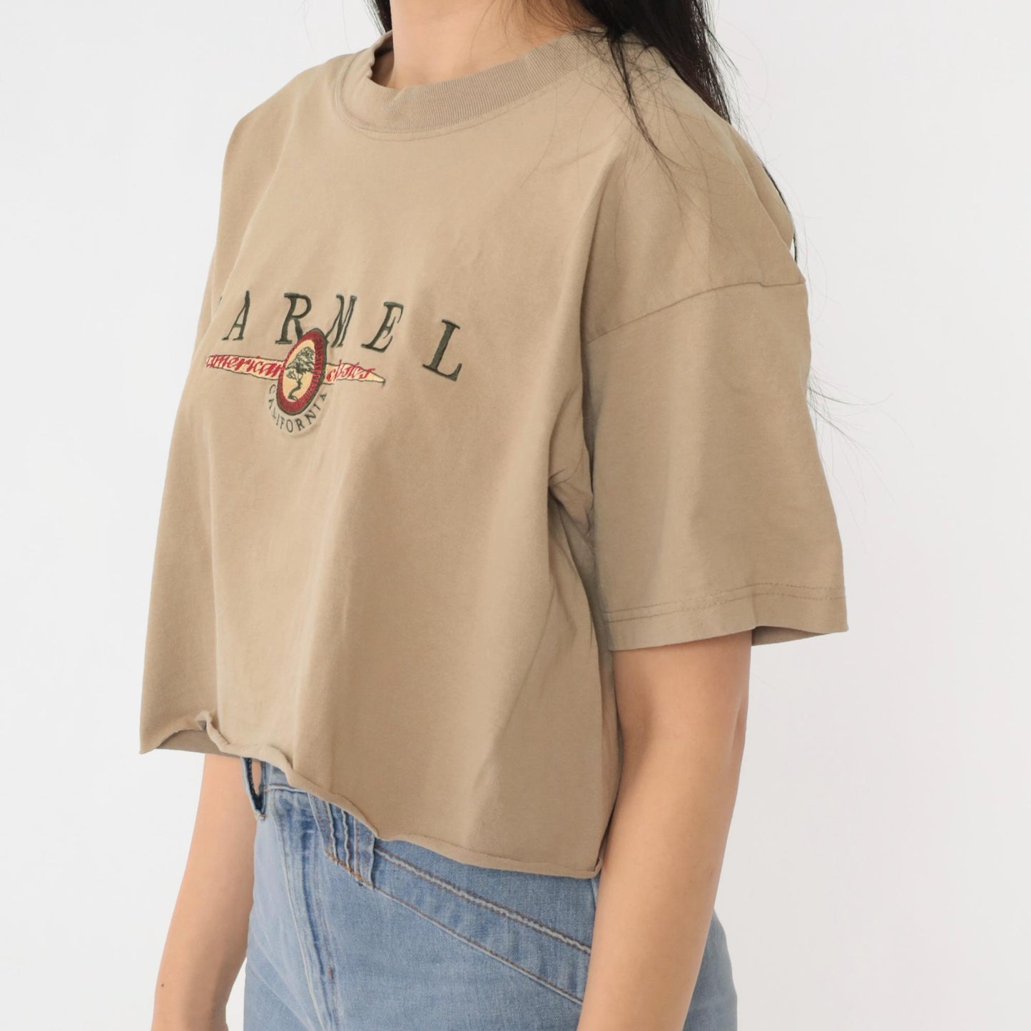 90s Carmel California Embroidered Crop Tee Tan Cotton Large L