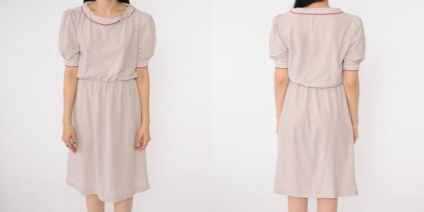 80s Grey Polka Dot Puff Sleeve Dress Pink Bow Collar High Waist Small