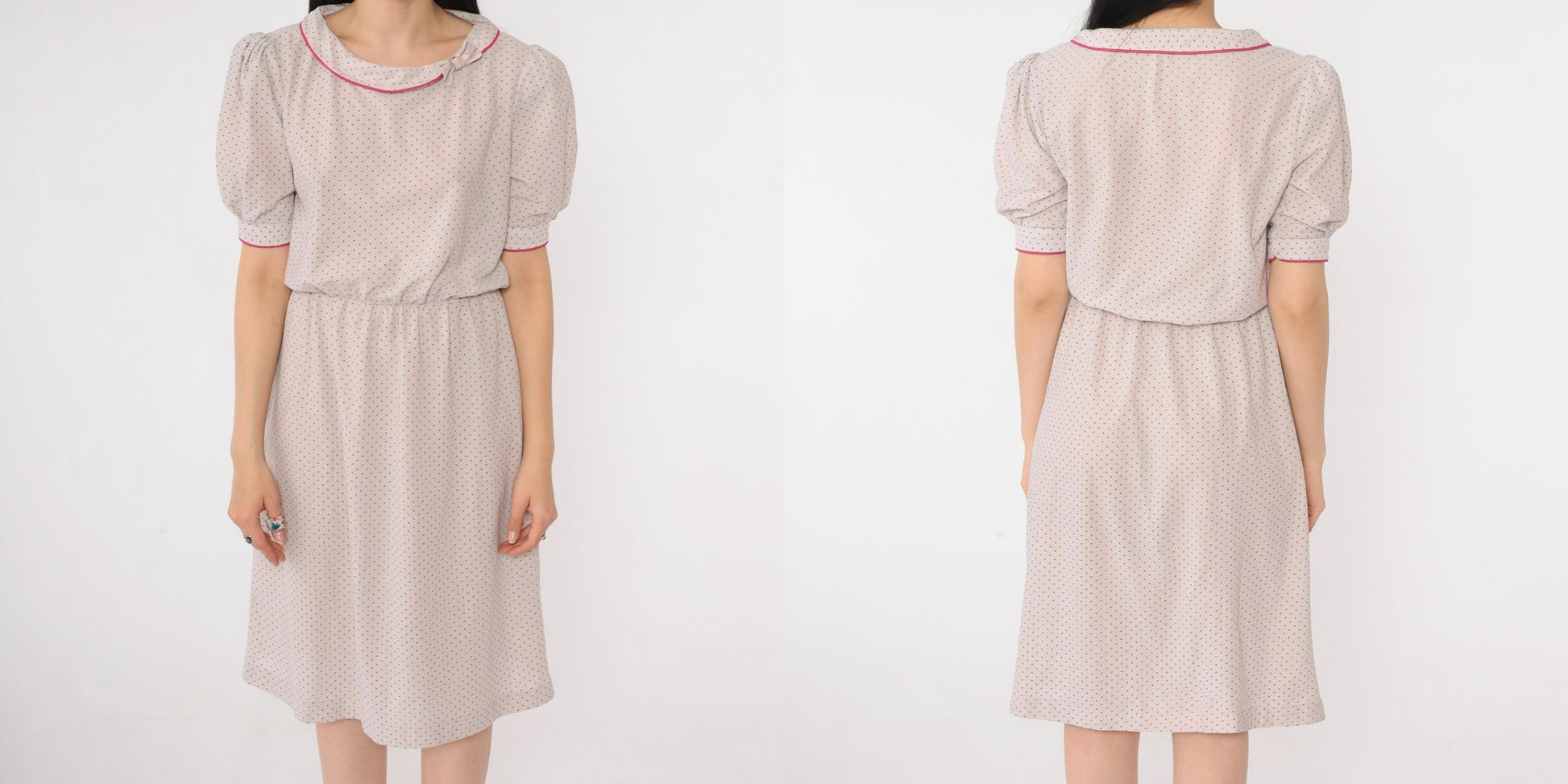 80s Grey Polka Dot Puff Sleeve Dress Pink Bow Collar High Waist Small