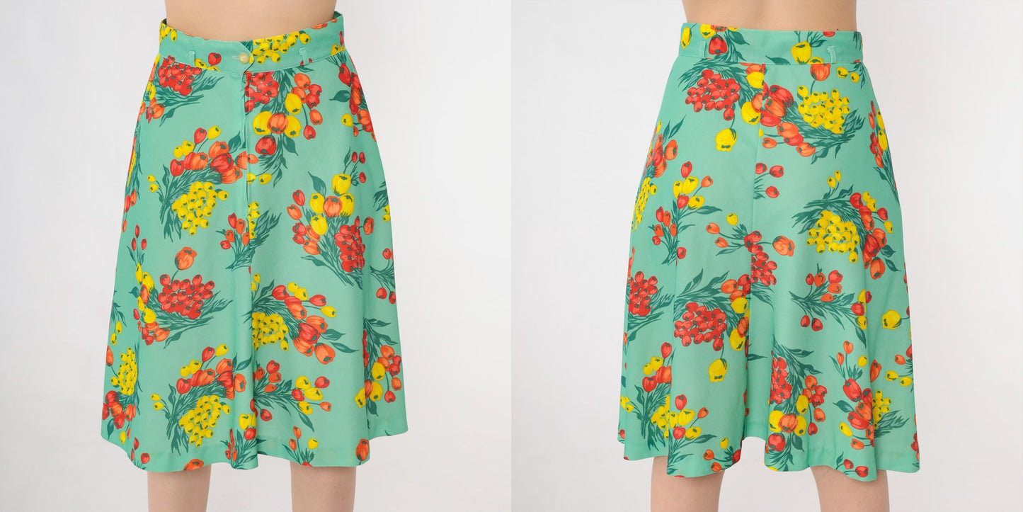70s Green Floral Midi Skirt High Waisted A-Line Small