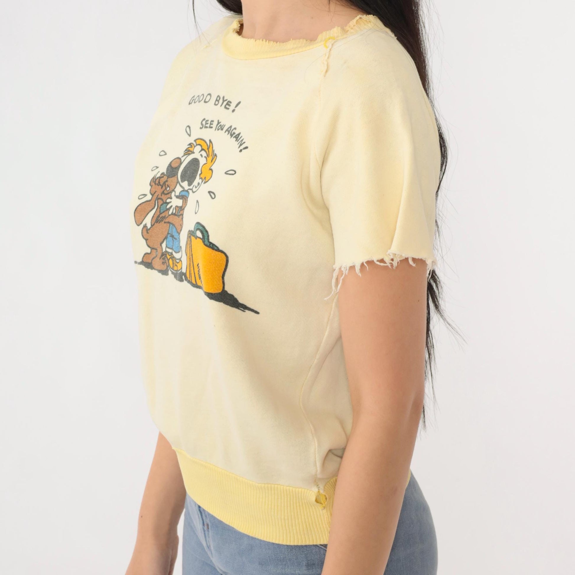 80s Graphic Sweatshirt Tee Yellow Goodbye See You Again Cartoon Extra Small