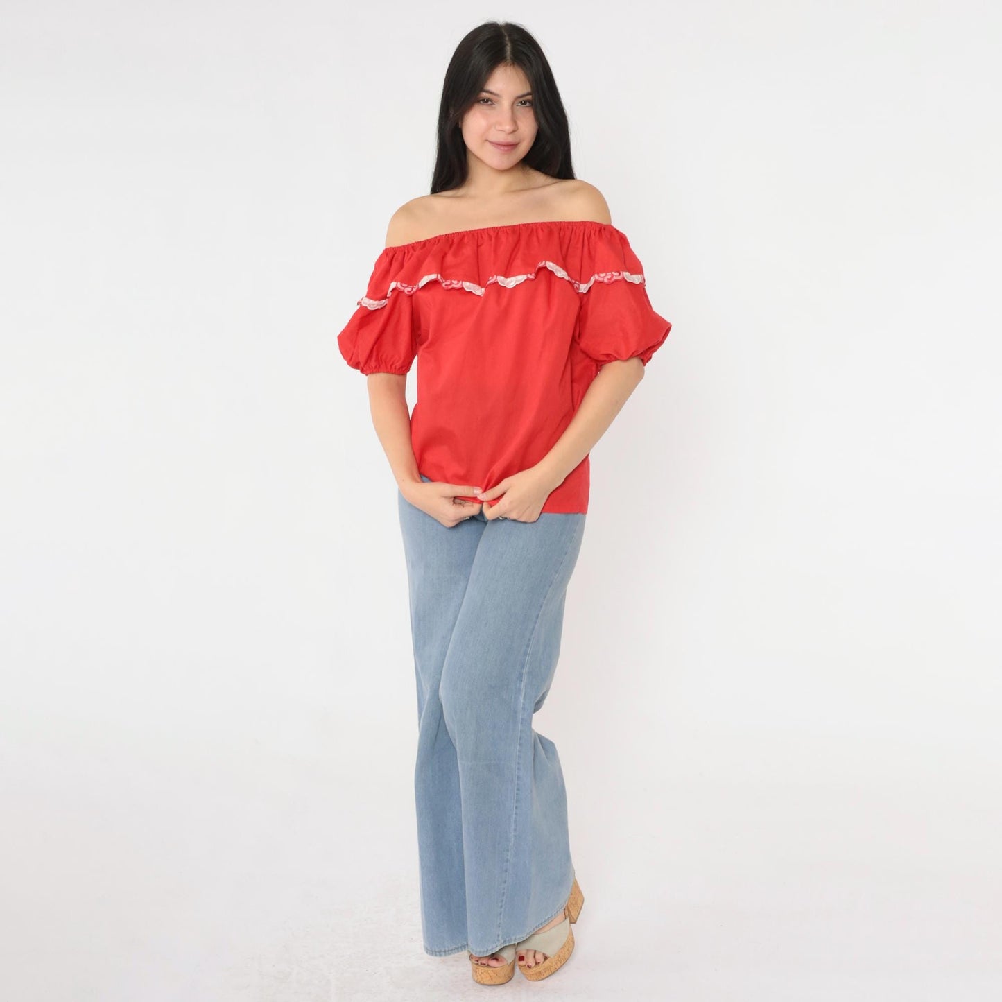 80s Red Peasant Blouse Puff Sleeve Elastic Neckline Small S