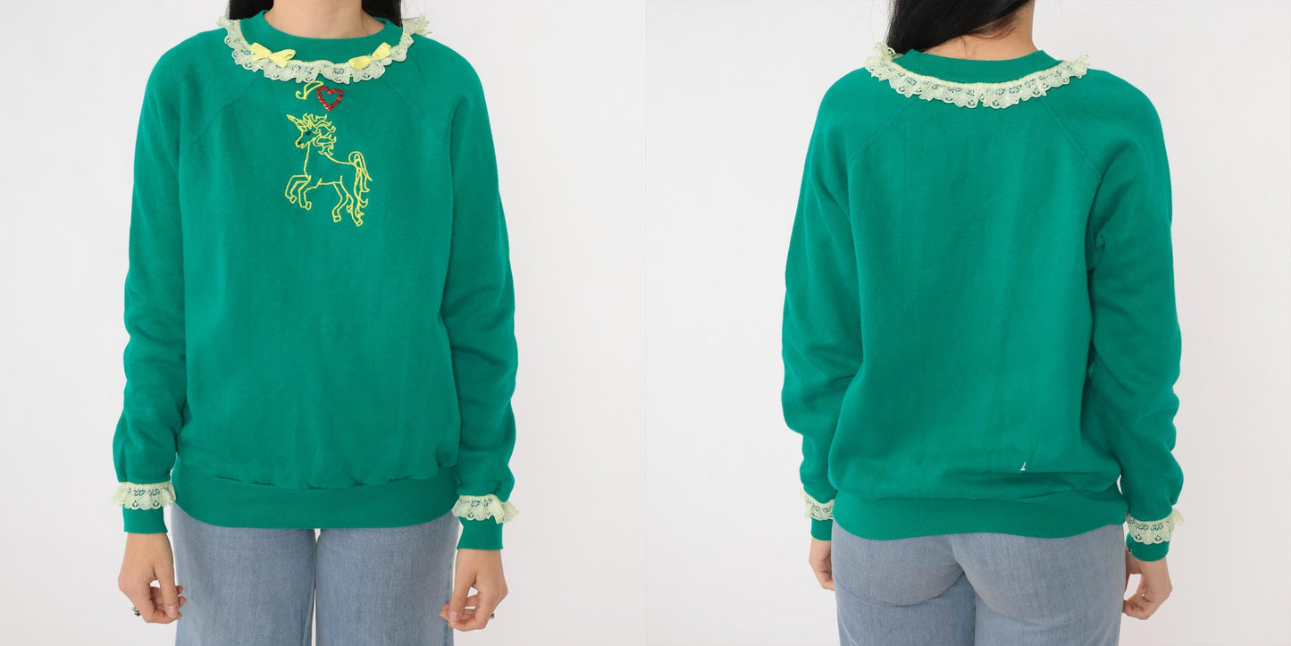 80s Unicorn Embroidered Sequin Heart Raglan Sweatshirt Green Medium