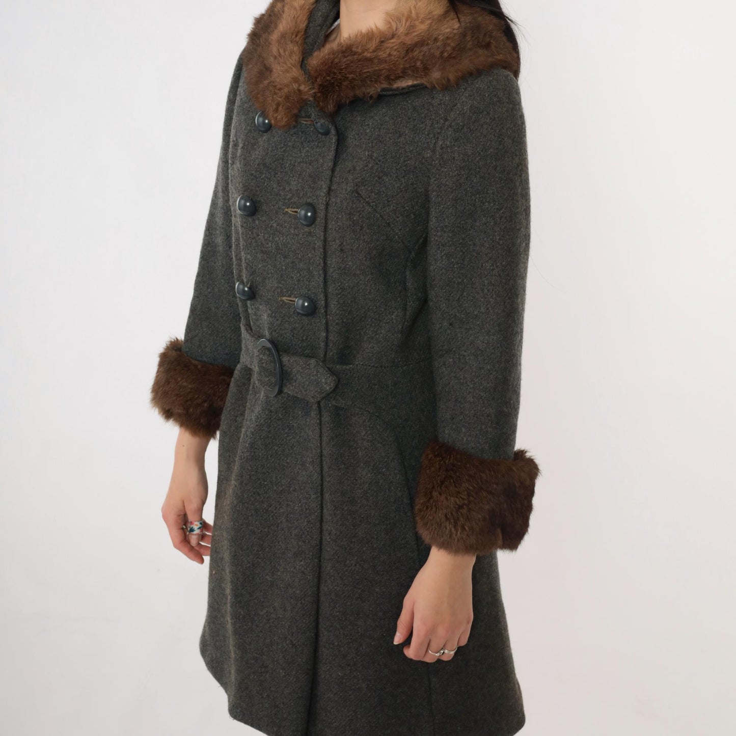 1960s Wool Pea Coat Charcoal Grey Fur Collar Double Breasted Extra Small