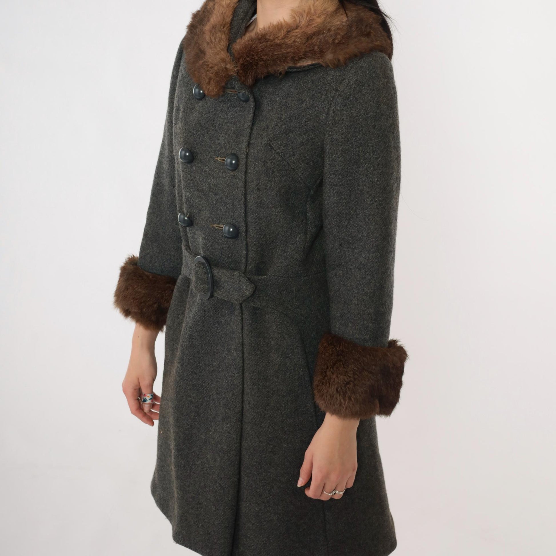 1960s Wool Pea Coat Charcoal Grey Fur Collar Double Breasted Extra Small
