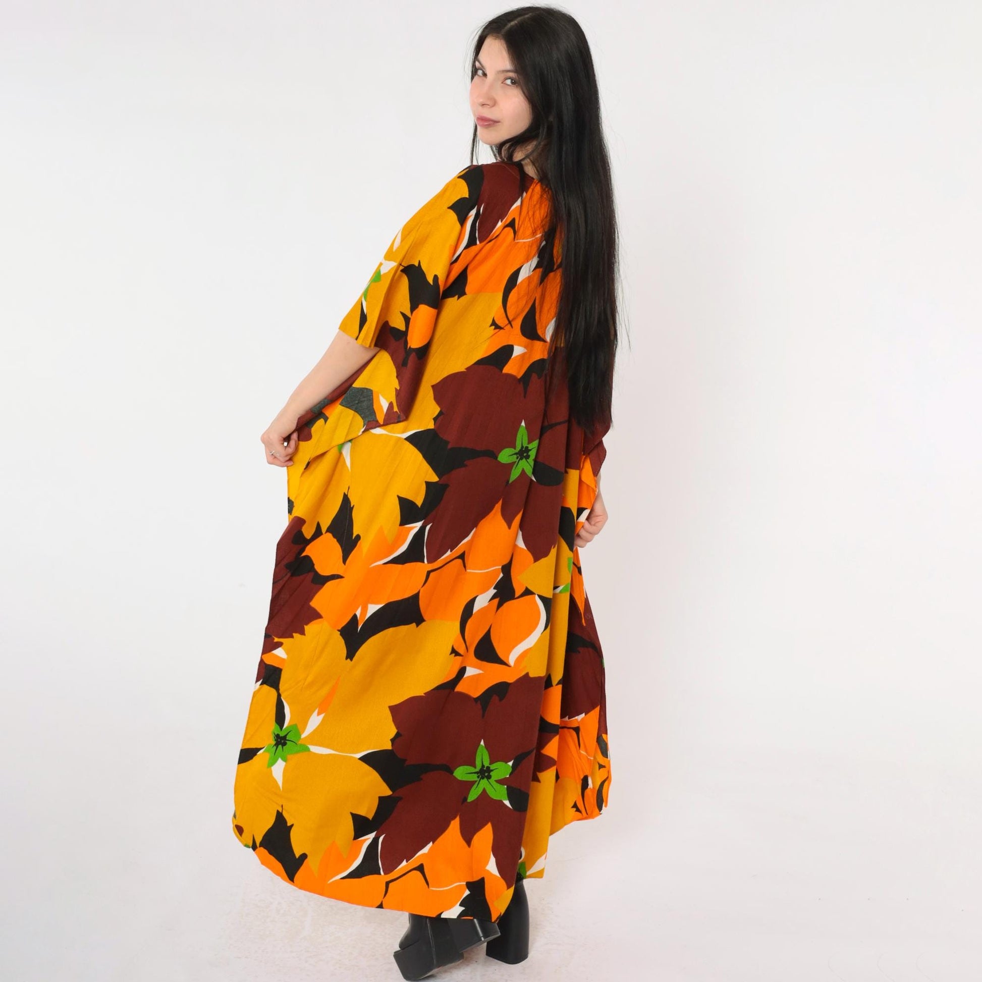 70s Hawaiian Caftan Maxi Dress Floral Mustard Orange Brown One Size