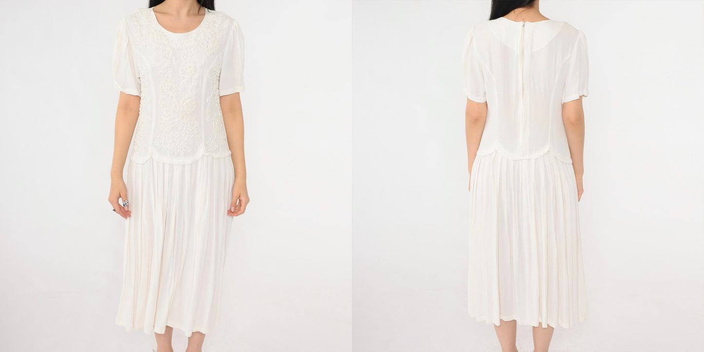 90s Sarin White Beaded Soutache Midi Dress Puff Sleeve Low Waist Small
