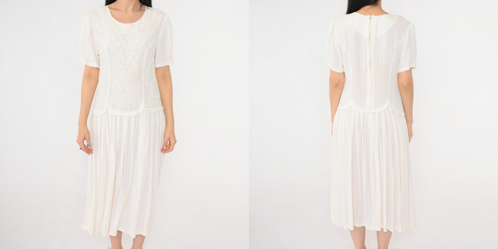 90s Sarin White Beaded Soutache Midi Dress Puff Sleeve Low Waist Small