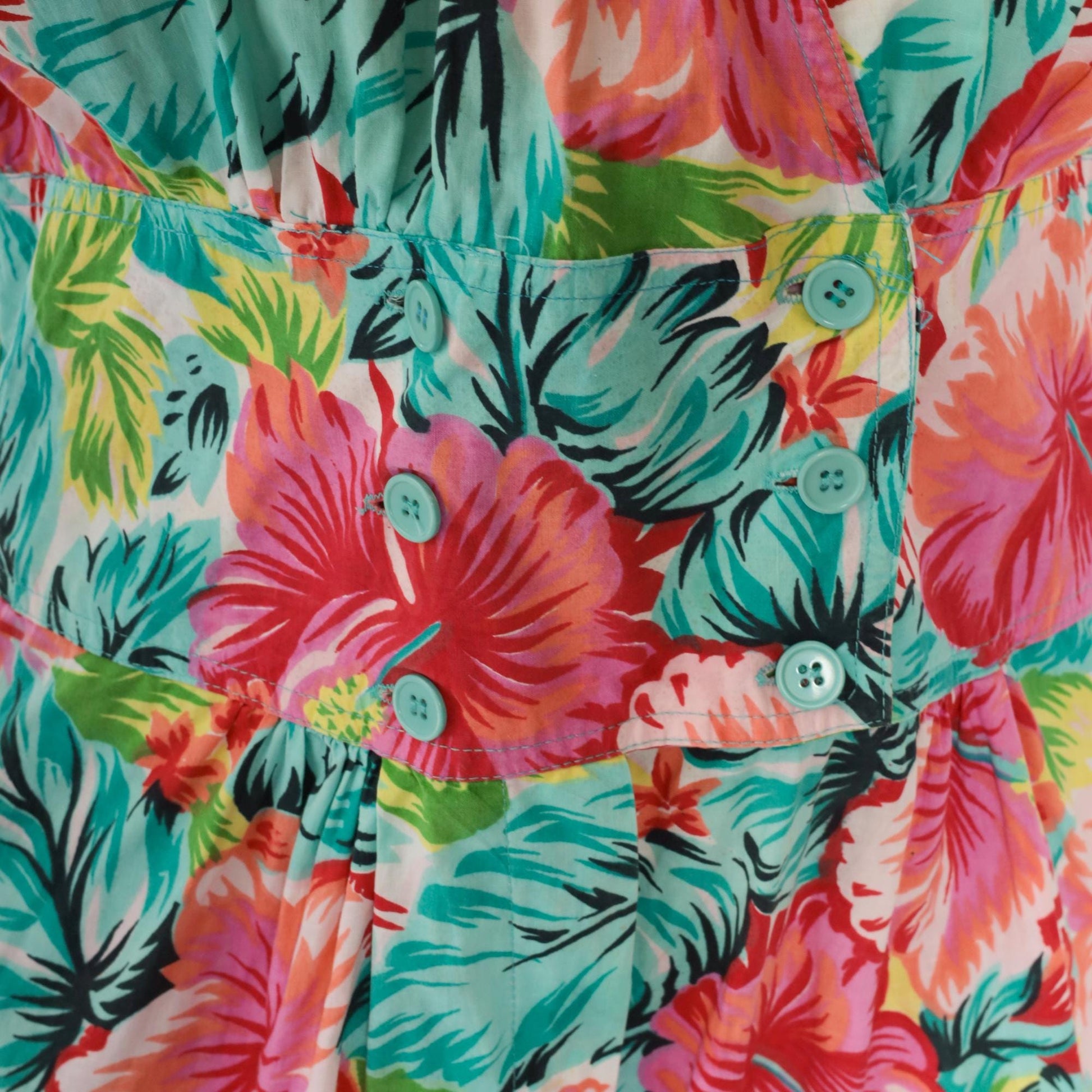 80s Tropical Floral Romper Playsuit Cotton Cap Sleeve High Waist Medium