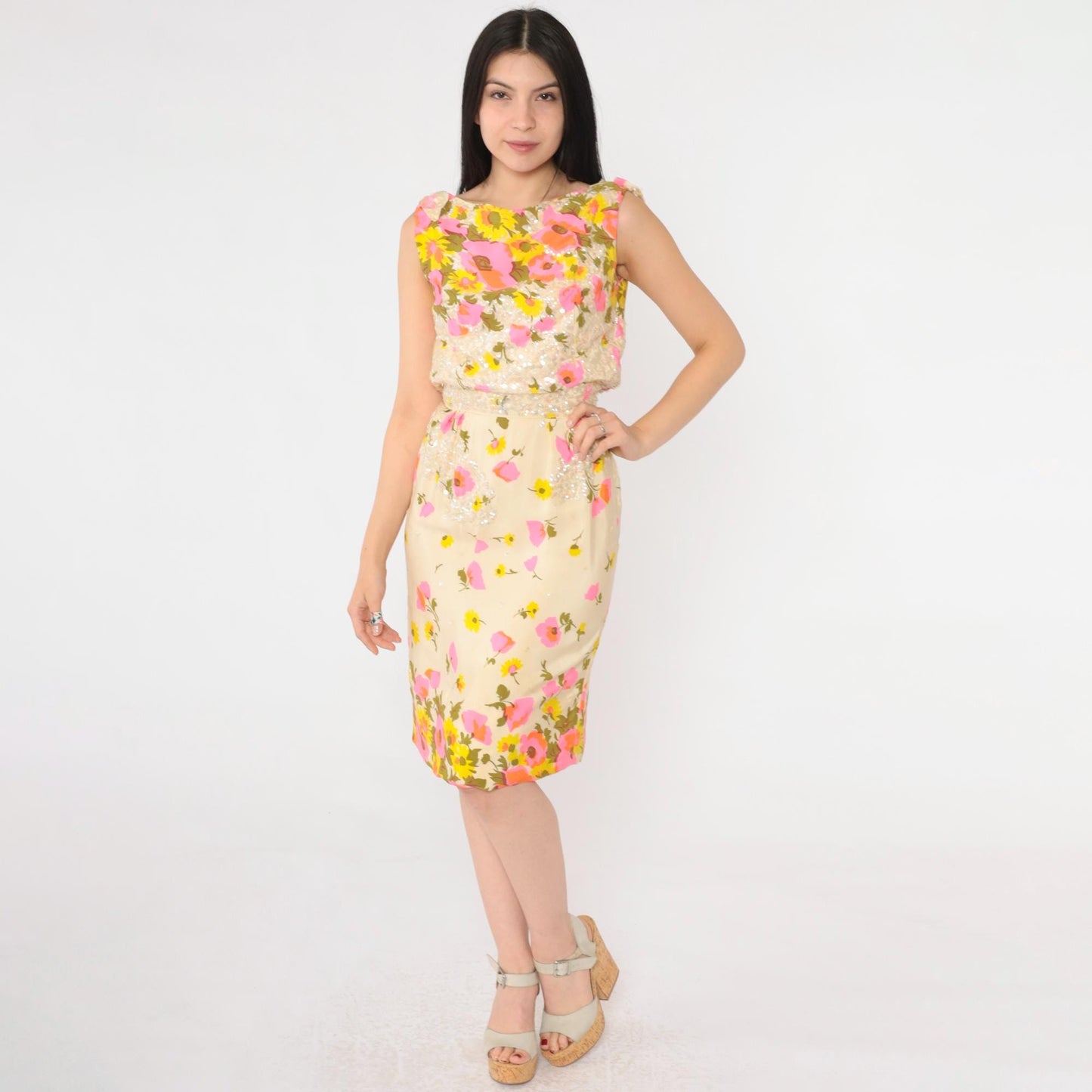 60s Pat Sandler Floral Sequin Cocktail Dress Cream Pink Yellow Extra Small