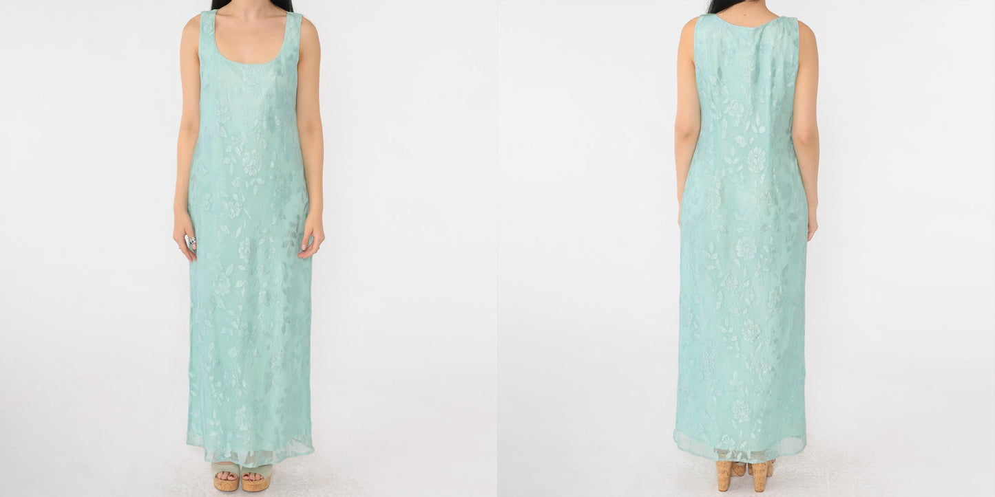 90s Seafoam Net Lace Maxi Dress Floral Embroidered Scoop Neck Small
