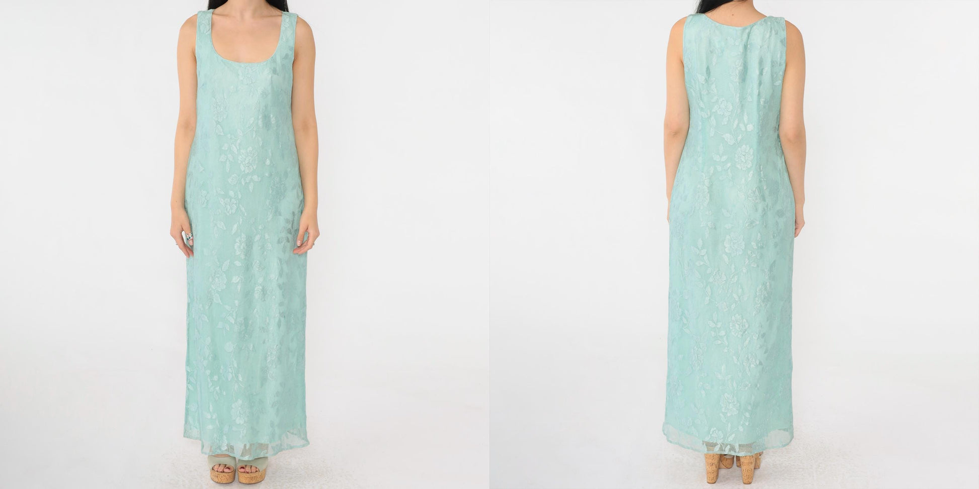 90s Seafoam Net Lace Maxi Dress Floral Embroidered Scoop Neck Small