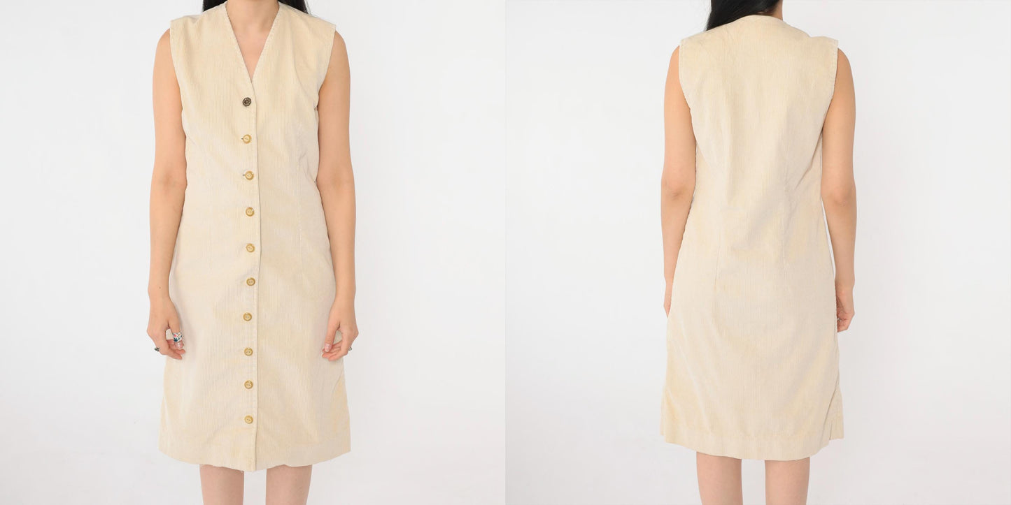 90s Beige Corduroy Button-Up Dress Sleeveless Knee-Length Jumper Small S