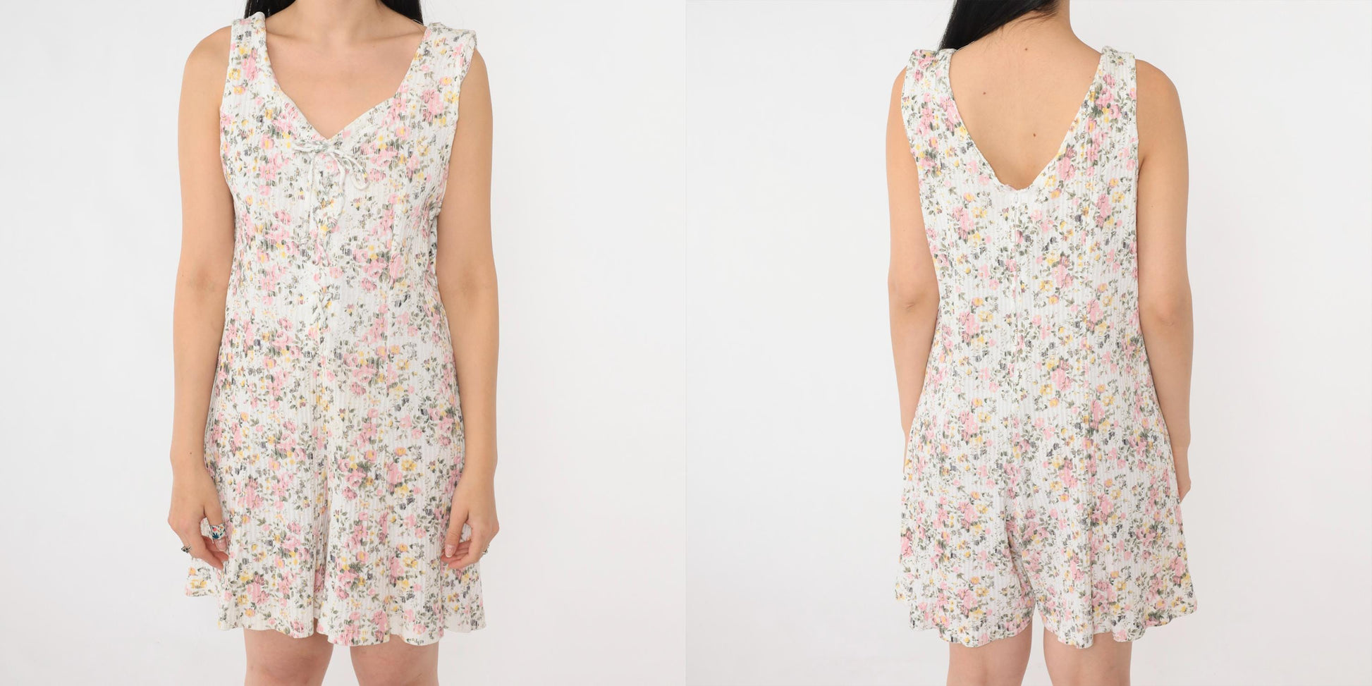 90s Evans Floral Romper White Lace-Up Corset Bodice Wide Leg Medium Large