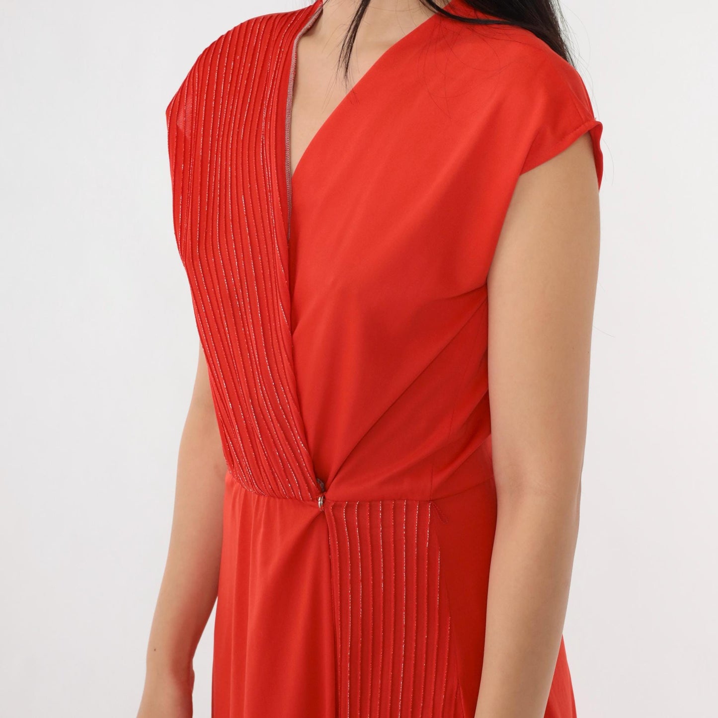 70s Red Metallic Striped Wrap Dress V Neck Midi Cap Sleeve Small