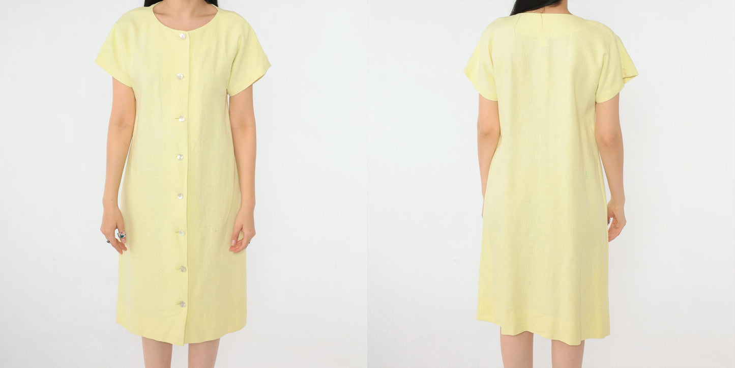 90s Yellow Linen-Look Button-Up Shift Dress Short Sleeve Small S