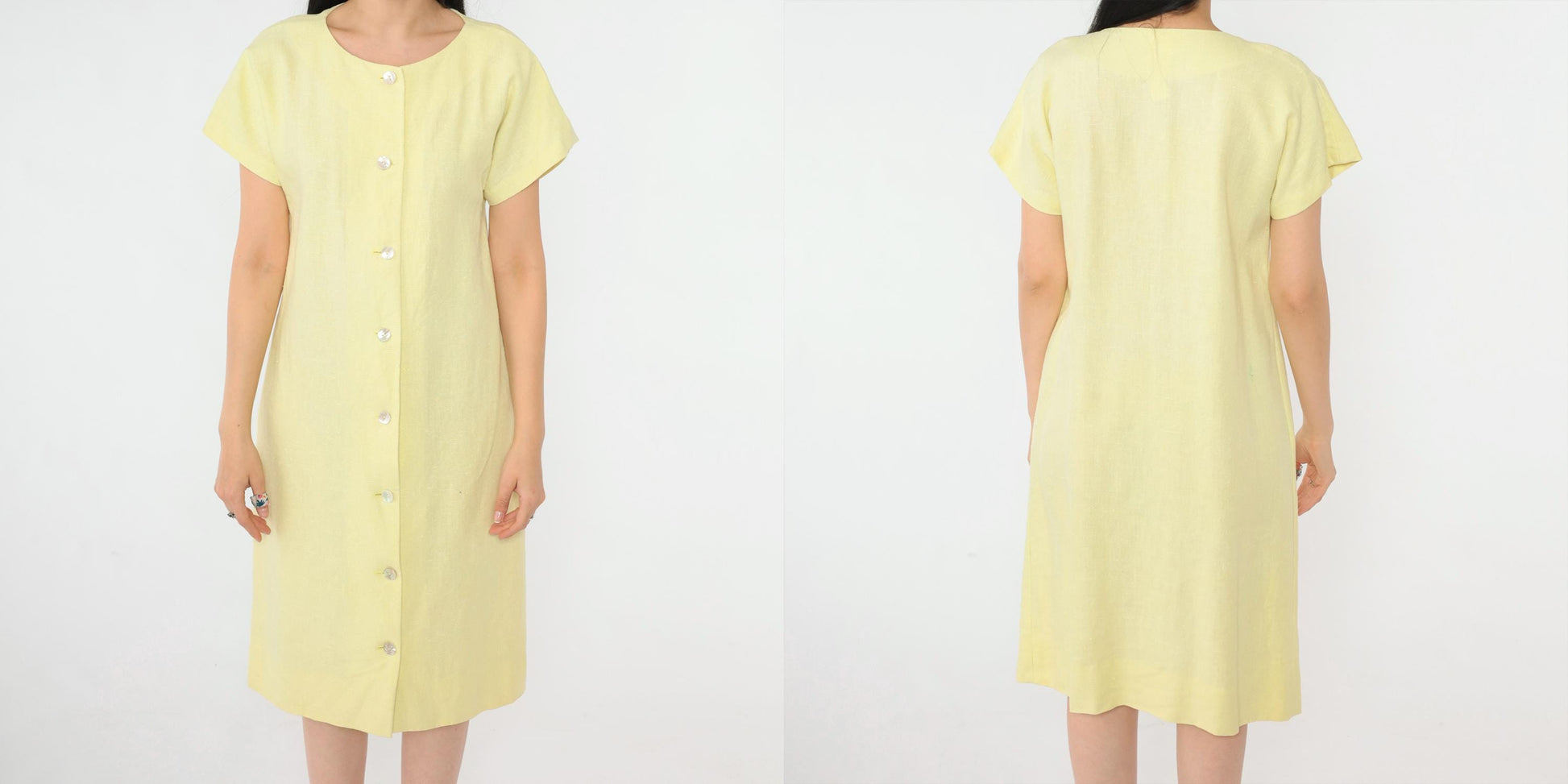 90s Yellow Linen-Look Button-Up Shift Dress Short Sleeve Small S