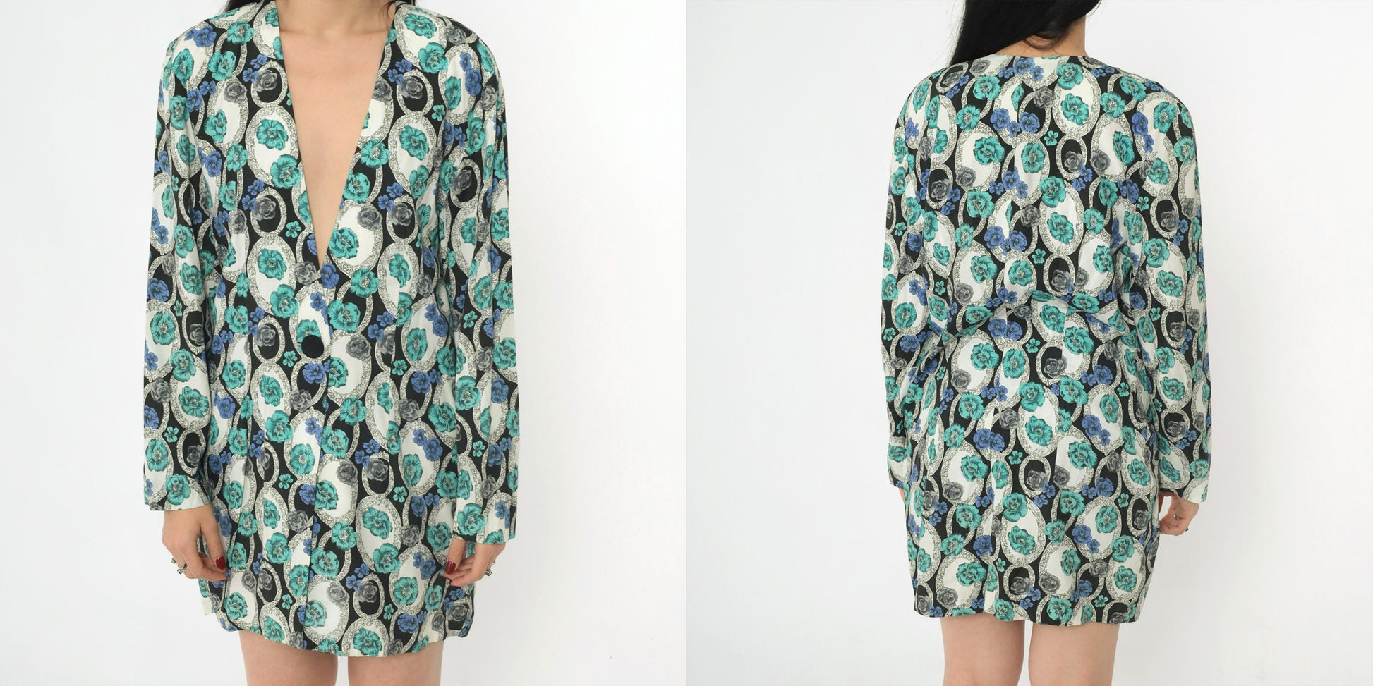 90s Young Edwardian Floral Blazer Deep V Neck Single Button Black White Blue Large