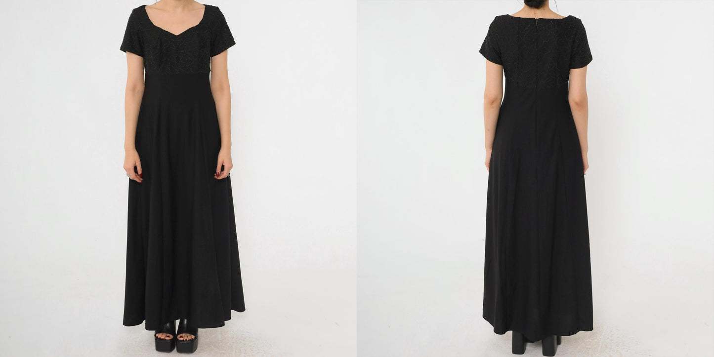 90s Black Beaded Evening Gown Sweetheart Neckline Empire Waist Maxi Dress Small