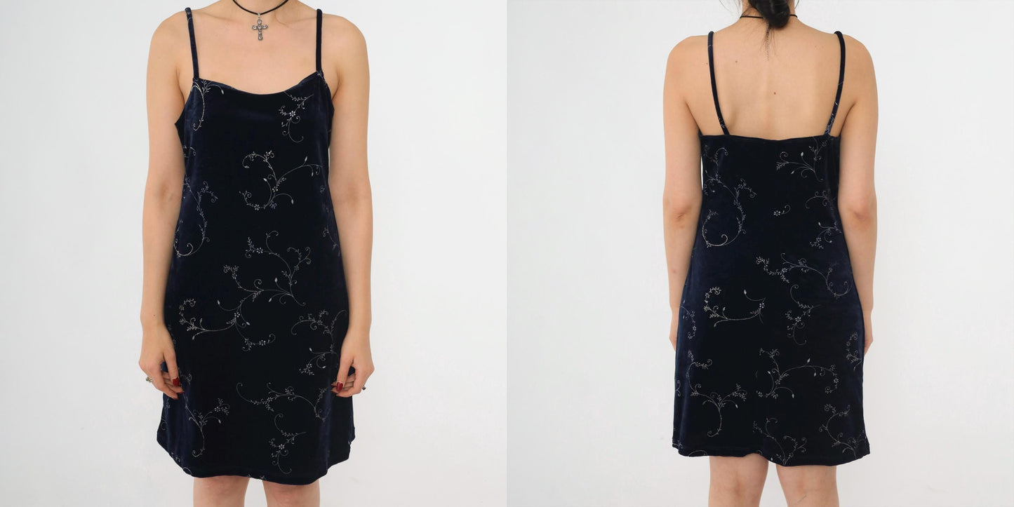 Y2K Navy Velvet Mini Dress Glittery Floral Spaghetti Strap Sheath Large