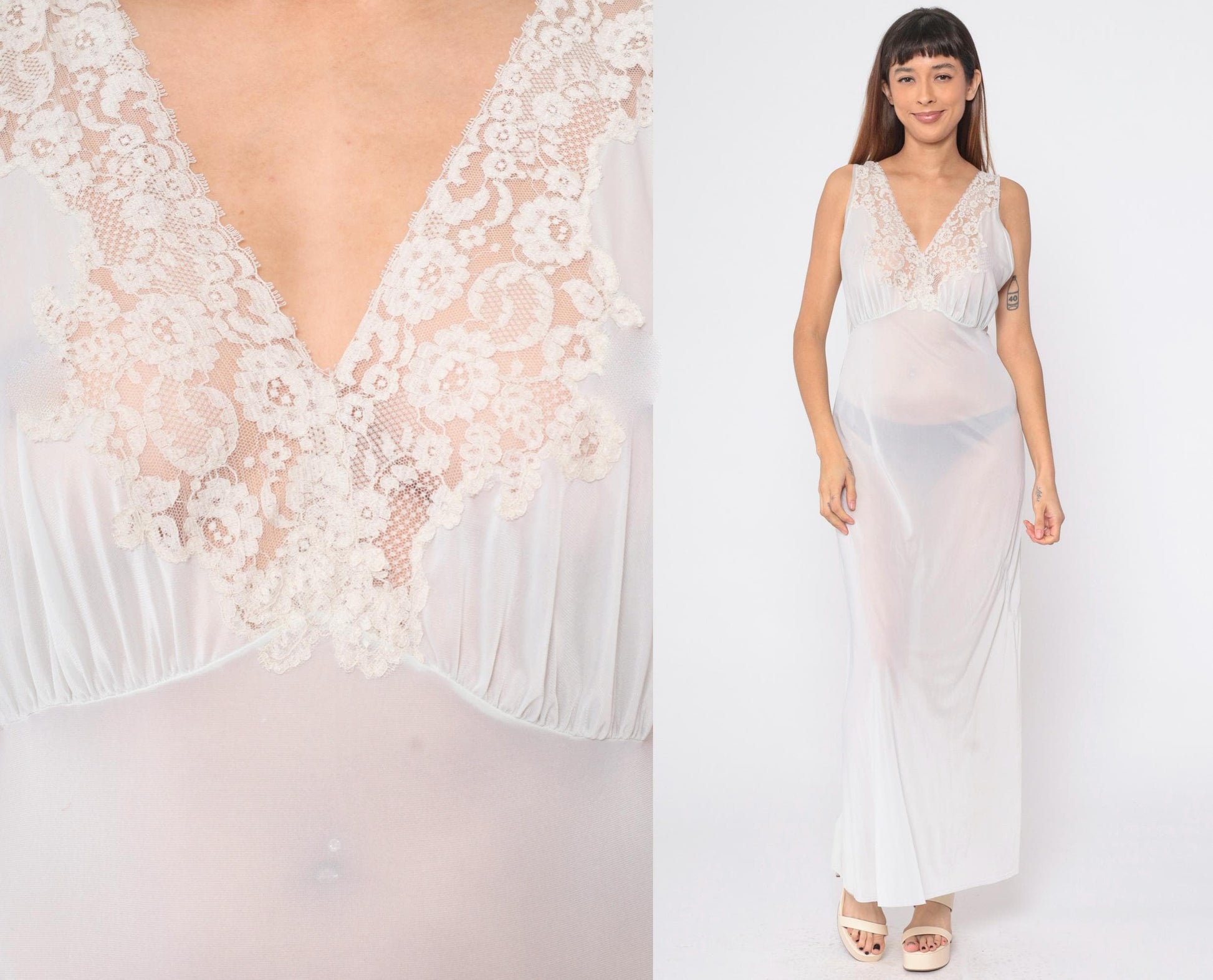 70s White Nylon Maxi Nightgown Lace Trim Empire Waist V Neck Medium M
