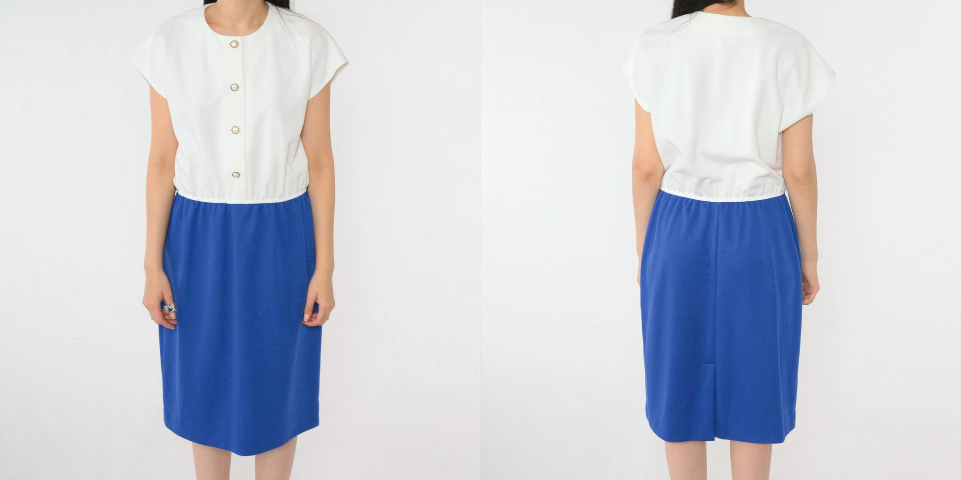 80s Leslie Fay Two-Tone Button-Up Midi Shirtdress Blue White Medium
