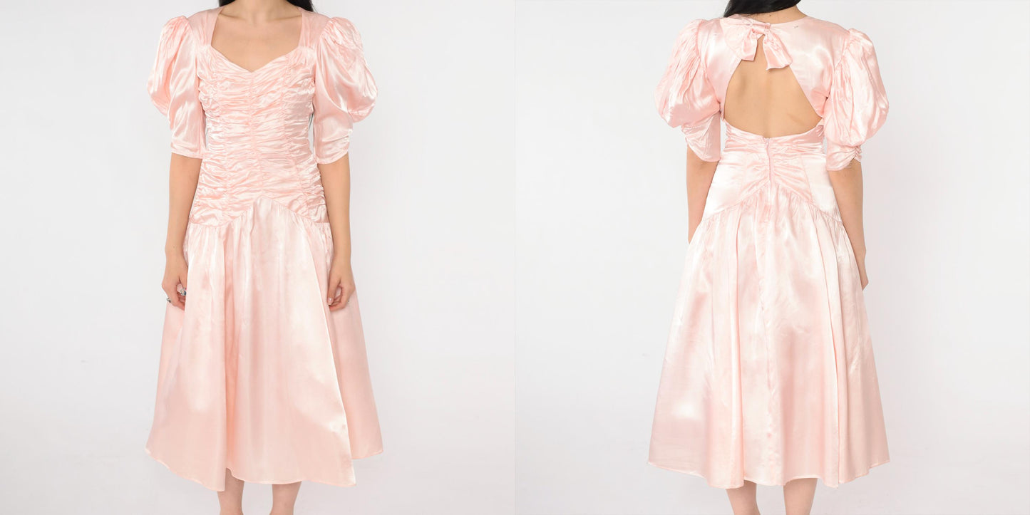 80s Jessica McClintock Gunne Sax Pink Satin Midi Dress Puff Sleeve Open Back Extra Small