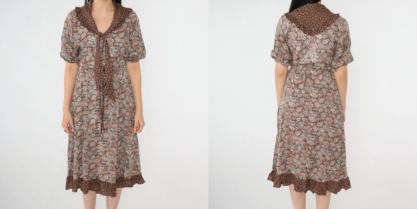70s Oops California Floral Peasant Midi Dress Brown Pink Necktie Small