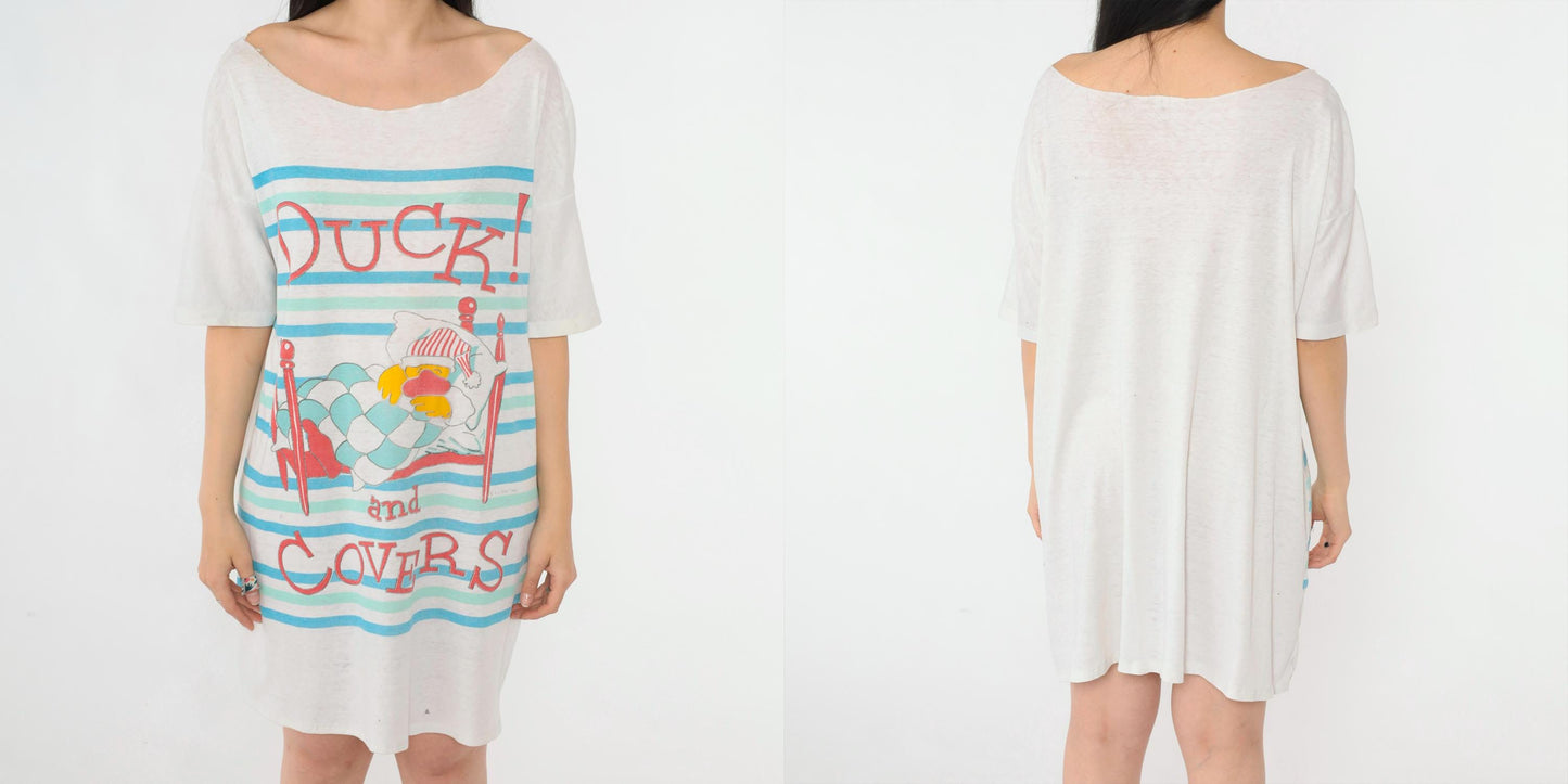 80s Duck and Covers Nightshirt Striped Cotton Sleep Tee Graphic Dress