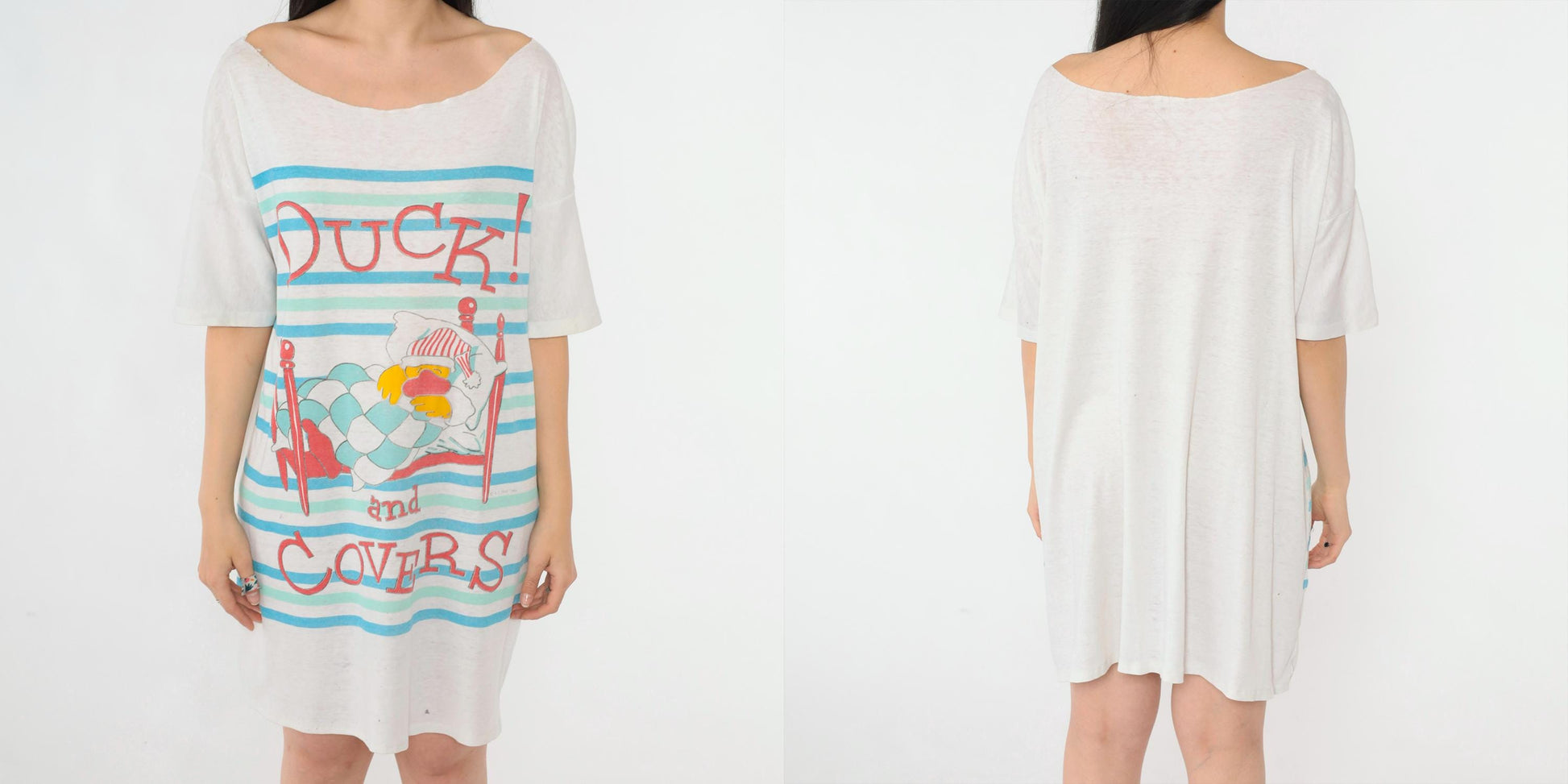 80s Duck and Covers Nightshirt Striped Cotton Sleep Tee Graphic Dress