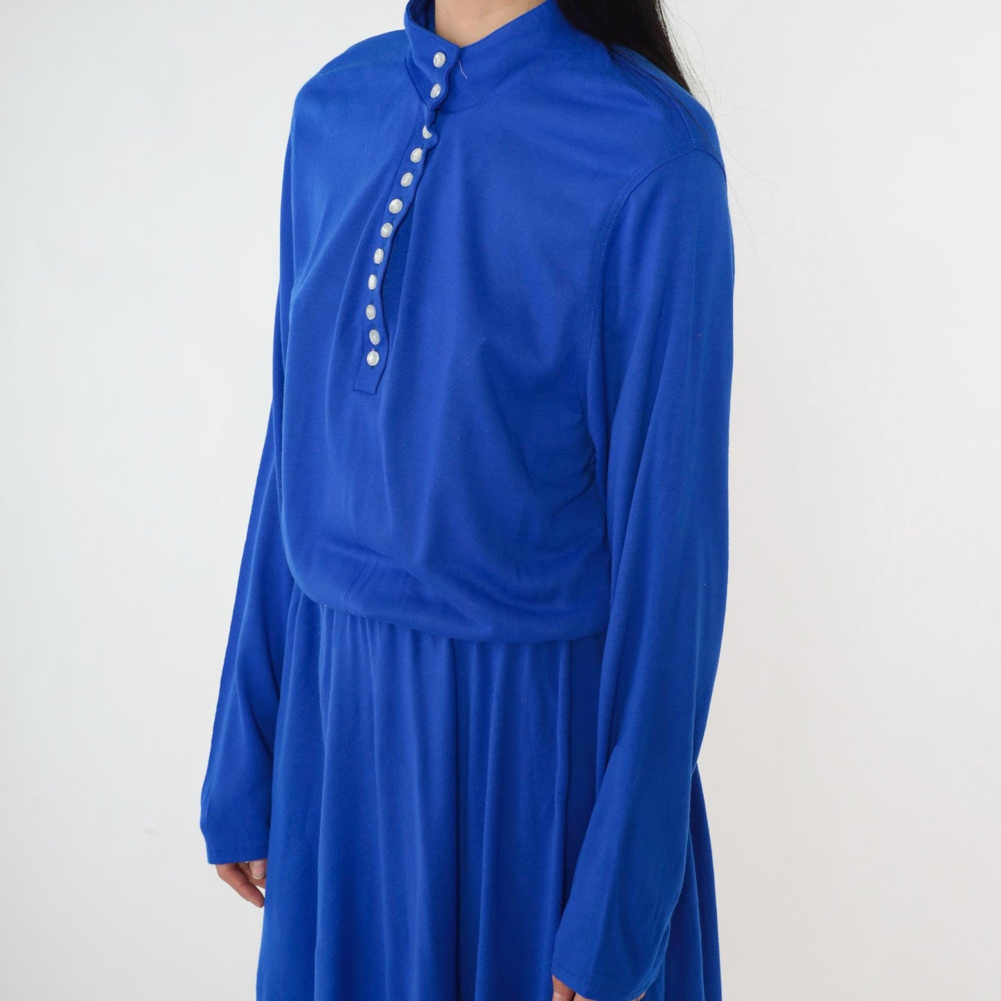 80s Royal Blue Midi Shirtdress Button-Up High Elastic Waist Long Sleeve Medium