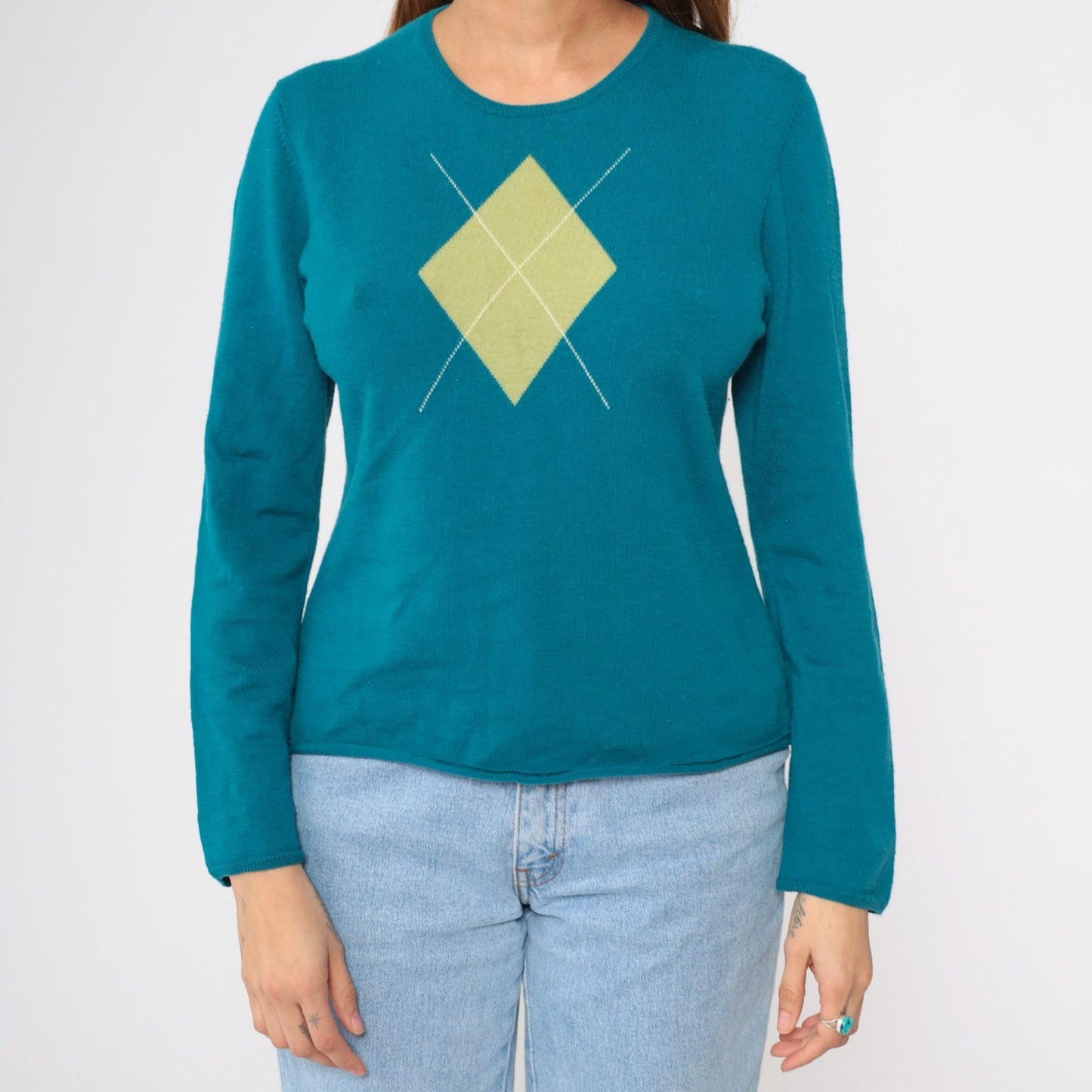 Charter Club Teal Argyle Wool Pullover Crewneck Sweater Large L