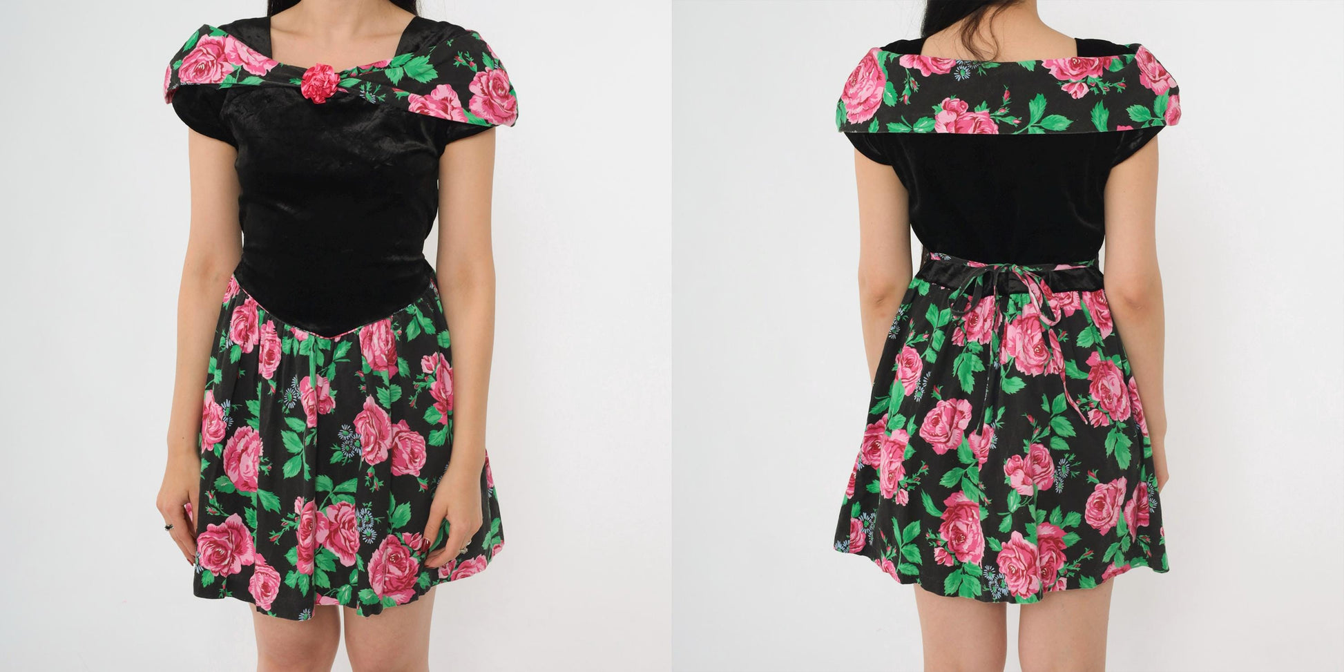 80s Picture Perfect Black Velvet Floral Mini Dress Cap Sleeve Small