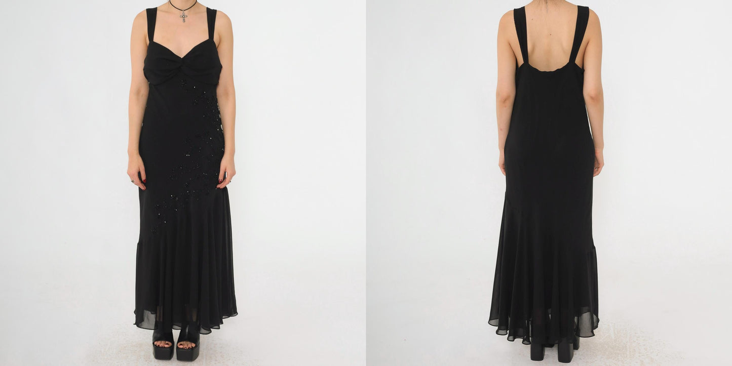 Y2K Black Chiffon Maxi Dress Floral Beading Sweetheart Neckline Large