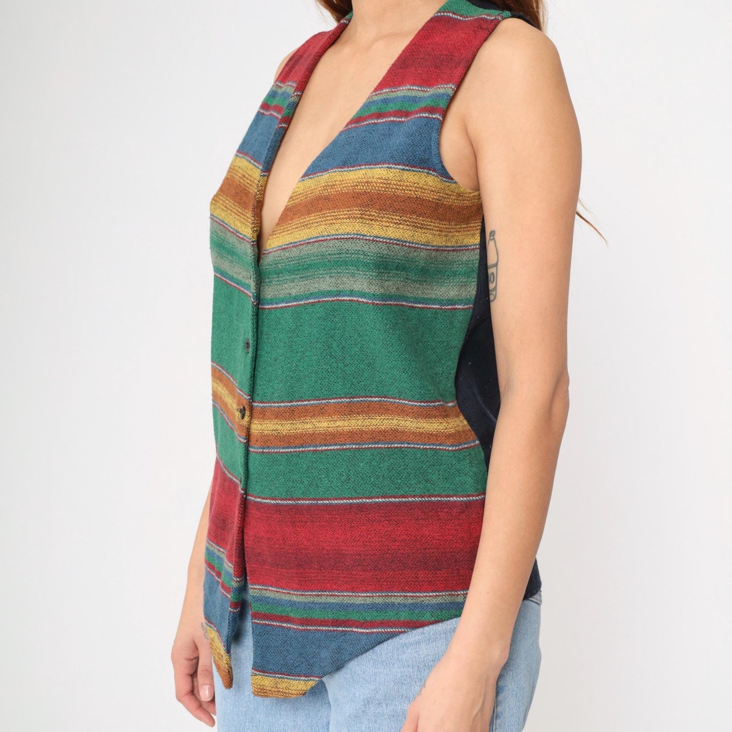 90s Striped Southwestern Woven Vest Multicolor V-Neck Button-Up Small