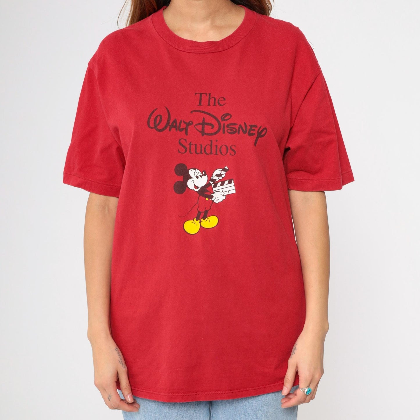 90s Mickey Mouse Disney Studios Graphic T-Shirt Red Cotton Medium