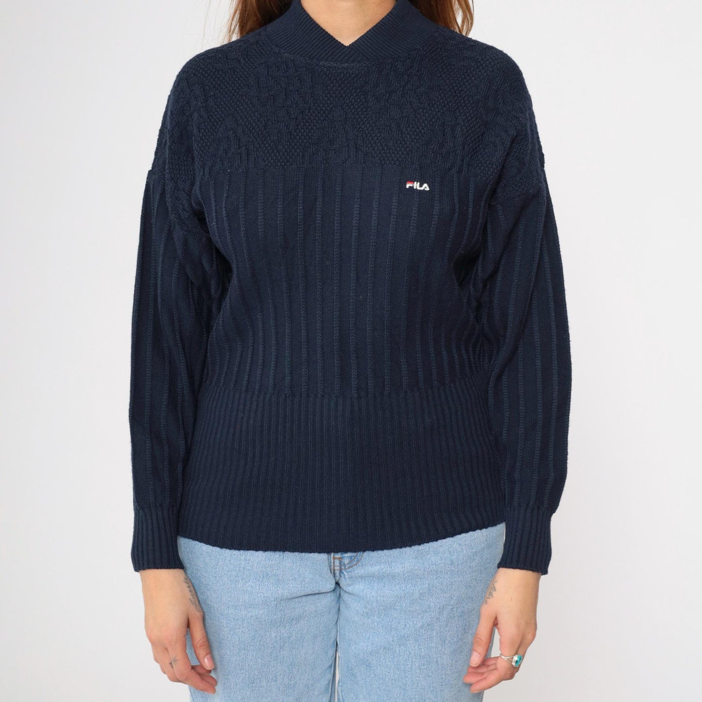 90s FILA Navy Wool Pullover Sweater Shawl Collar Ribbed Knit Small