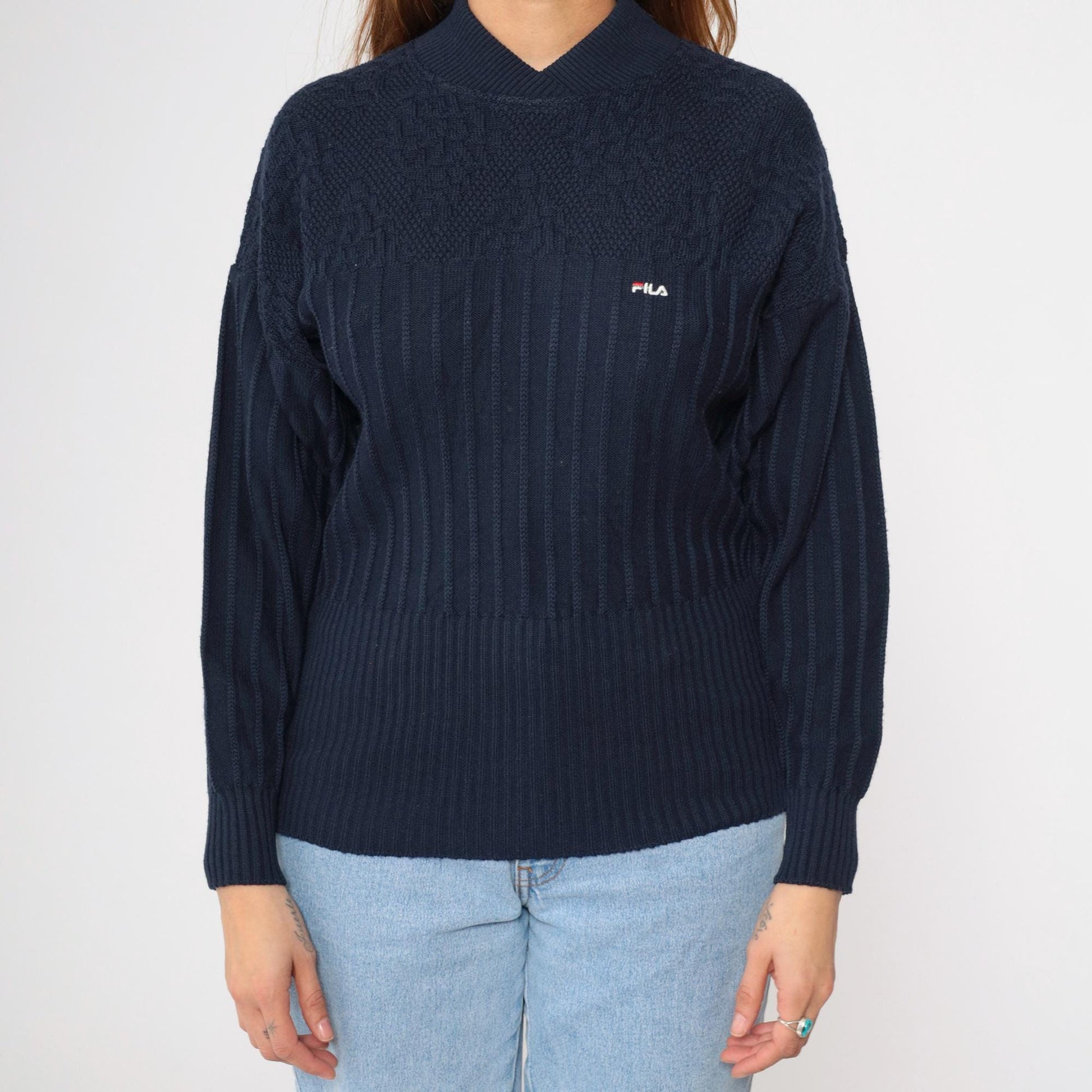 90s FILA Navy Wool Pullover Sweater Shawl Collar Ribbed Knit Small