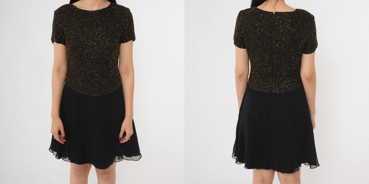 90s Cache Beaded Silk Chiffon Mini Dress Black Gold Fit Flare Small