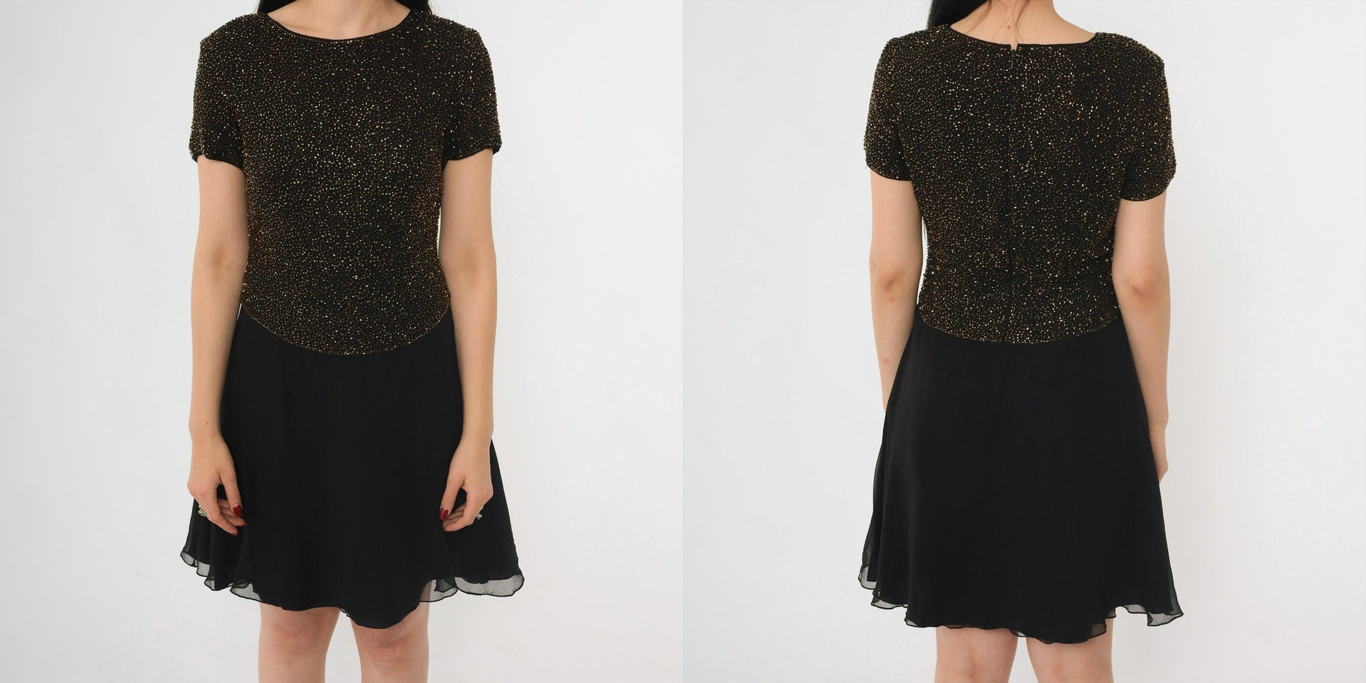 90s Cache Beaded Silk Chiffon Mini Dress Black Gold Fit Flare Small