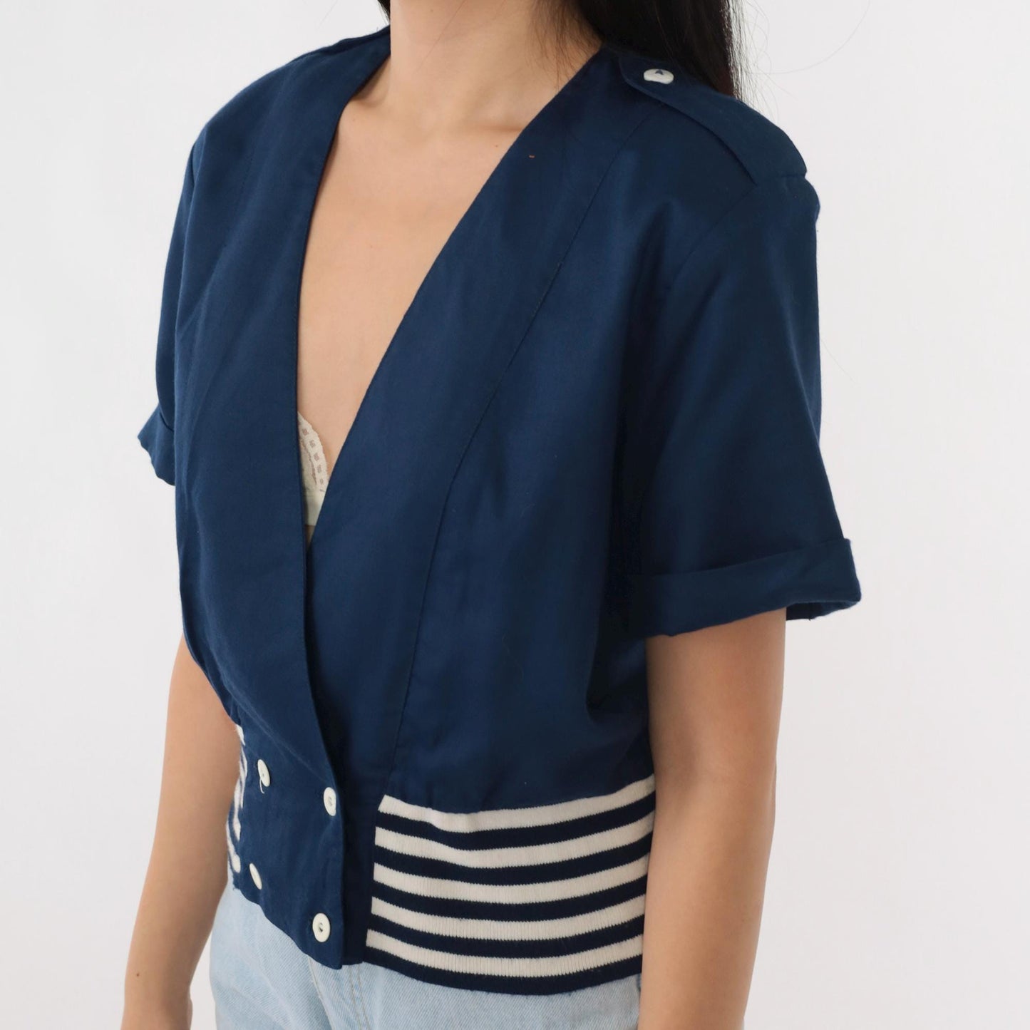 80s Lanz Nautical Striped Button-Up Blouse Deep V-Neck Dark Blue White Medium