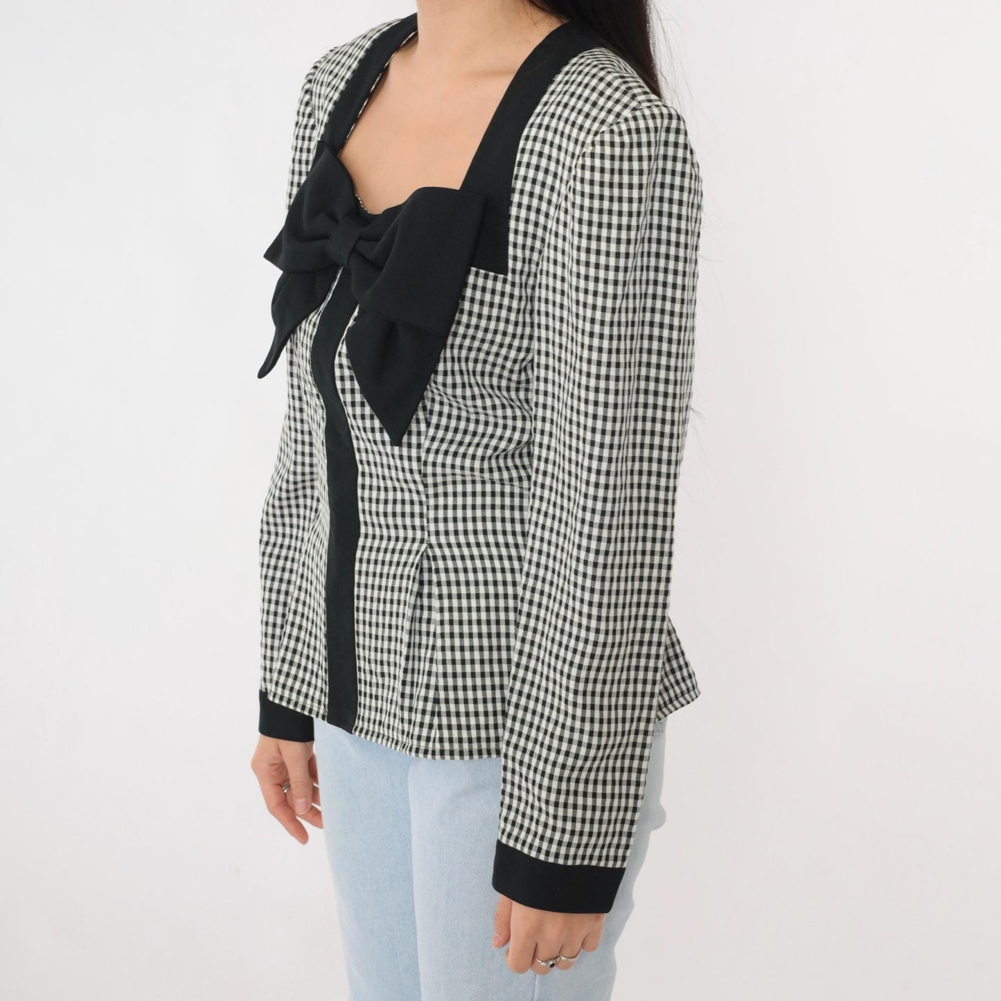 90s Black Gingham Bow Blouse Long Sleeve Checkered Shirt Medium 8